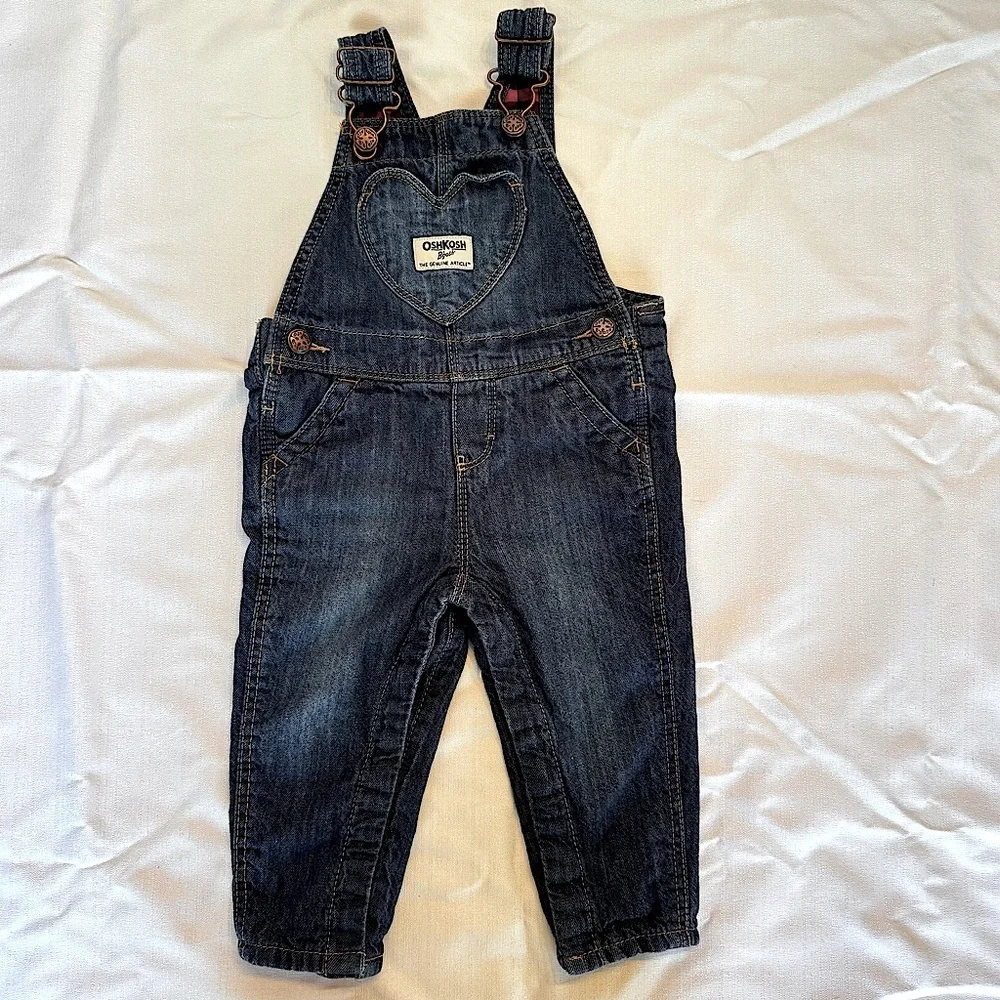 Oshkosh B’Gosh Denim Heart Overalls Vestbak Buffalo Plaid Lining Baby Girl 9M